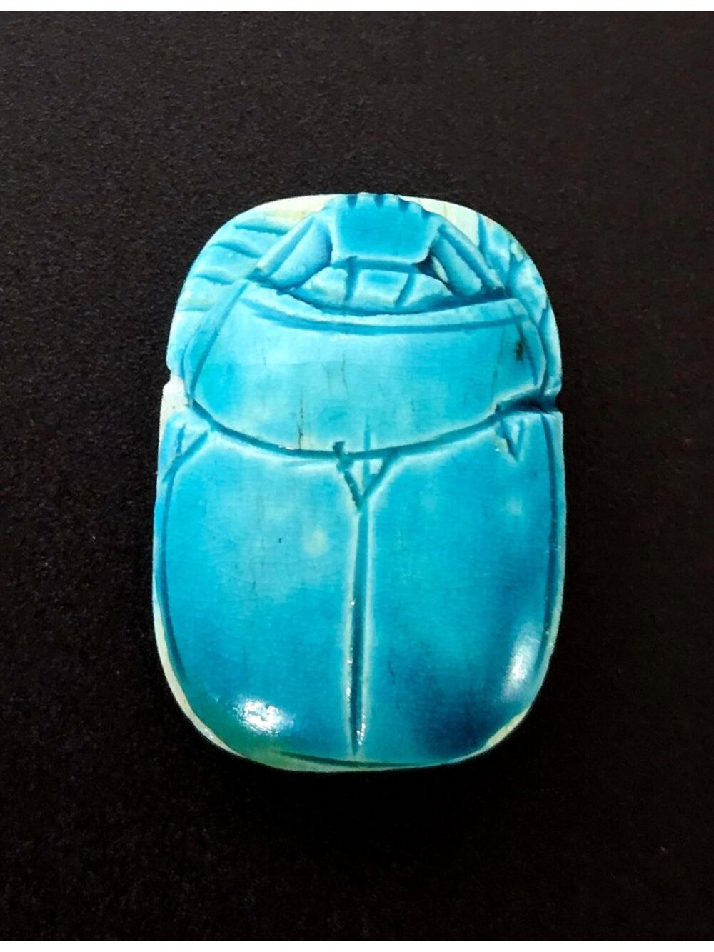 Egyptian Aqua Blue Scarab Figurine With Carved Hieroglyphs 2"
